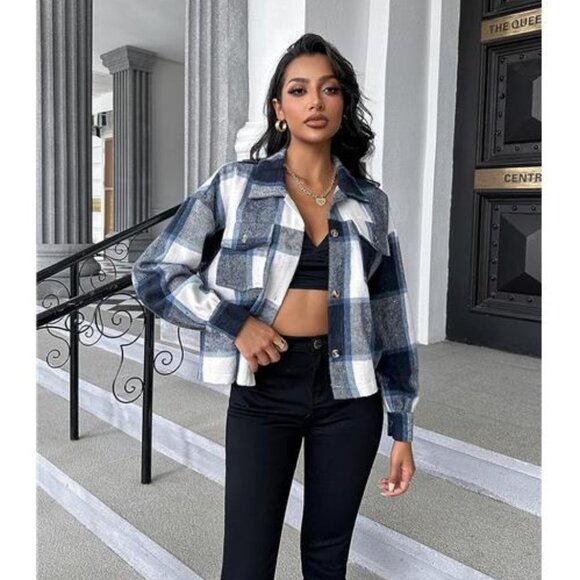 Blue Plaid Print Corduroy Cropped Jacket Shacket Button Down Long Sleeve Coat - Picture 1 of 6
